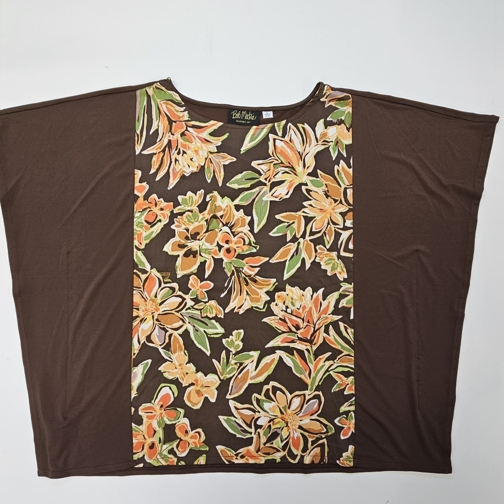 Bob Mackie Blouse Womens L Brown Floral Cape Sleeve Round Neck Business Casual